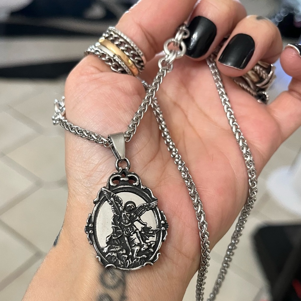 Handmade maille stainless steel necklace + st michael angel medal mirror charm - Picture 14 of 15